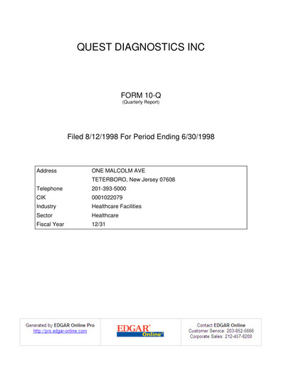 Thumbnail Quest Diagnostics
 Quarterly Report 1998-q2
