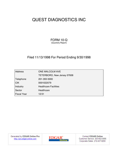 Thumbnail Quest Diagnostics
 Quarterly Report 1998-q3