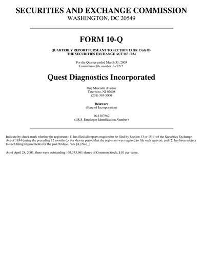 Thumbnail Quest Diagnostics
 Quarterly Report 2003-q1