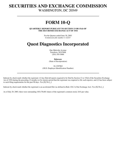 Thumbnail Quest Diagnostics
 Quarterly Report 2003-q2