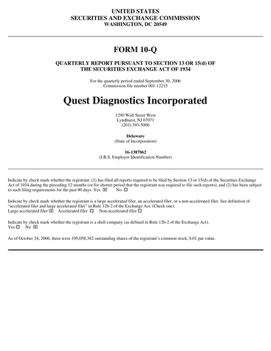 Thumbnail Quest Diagnostics
 Quarterly Report 2006-q3