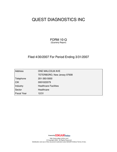 Thumbnail Quest Diagnostics
 Quarterly Report 2007-q1