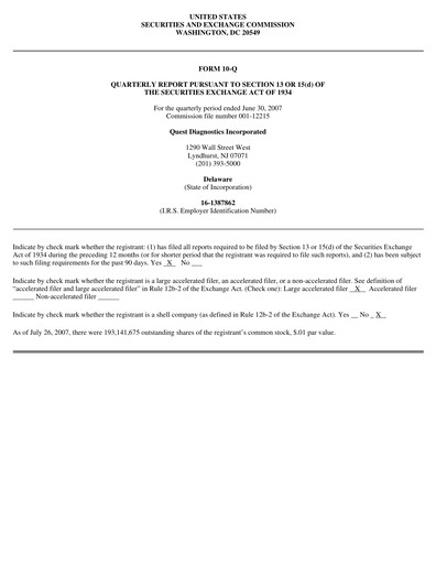 Thumbnail Quest Diagnostics
 Quarterly Report 2007-q2