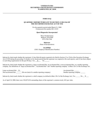Thumbnail Quest Diagnostics
 Quarterly Report 2008-q1