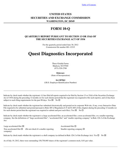 Thumbnail Quest Diagnostics
 Quarterly Report 2012-q2