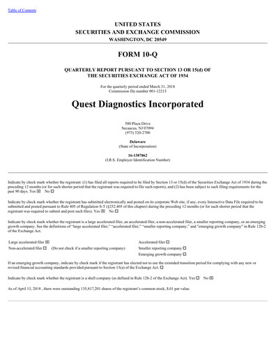 Thumbnail Quest Diagnostics
 Quarterly Report 2018-q1