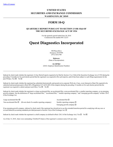 Thumbnail Quest Diagnostics
 Quarterly Report 2018-q2