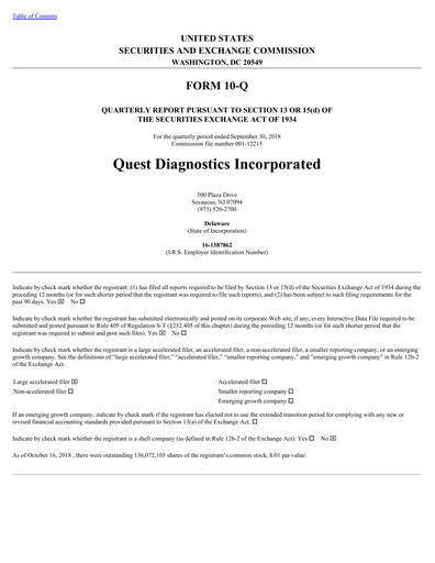 Thumbnail Quest Diagnostics
 Quarterly Report 2018-q3