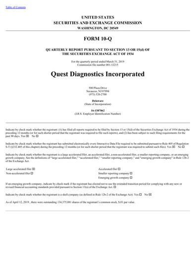 Thumbnail Quest Diagnostics
 Quarterly Report 2019-q1