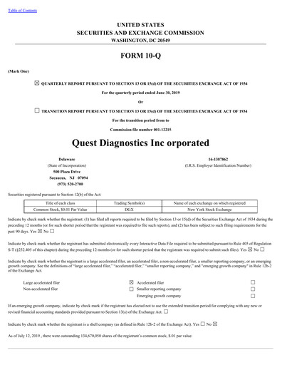 Thumbnail Quest Diagnostics
 Quarterly Report 2019-q2