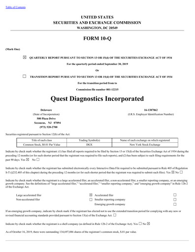 Thumbnail Quest Diagnostics
 Quarterly Report 2019-q3