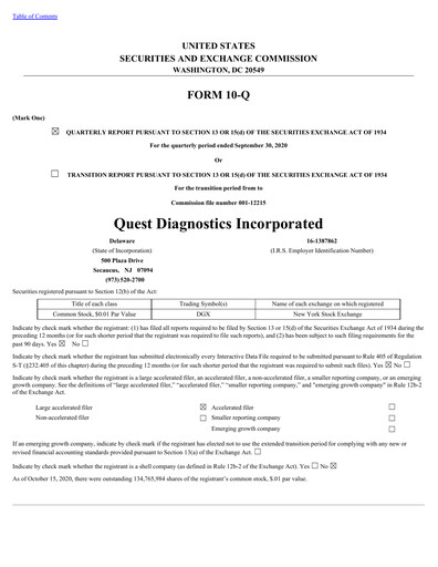 Thumbnail Quest Diagnostics
 Quarterly Report 2020-q3