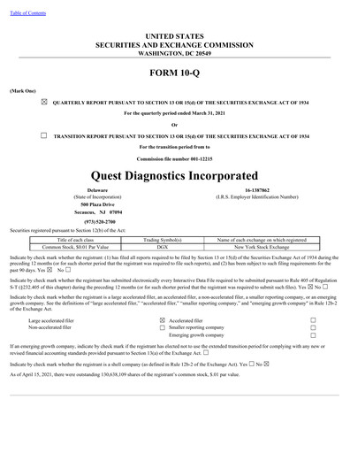 Thumbnail Quest Diagnostics
 Quarterly Report 2021-q1