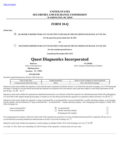 Thumbnail Quest Diagnostics
 Quarterly Report 2021-q2