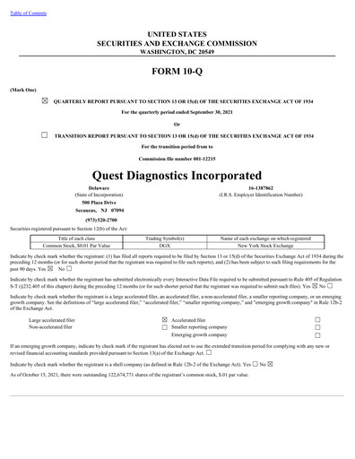 Thumbnail Quest Diagnostics
 Quarterly Report 2021-q3