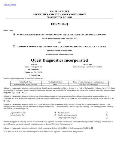 Thumbnail Quest Diagnostics
 Quarterly Report 2023-q1