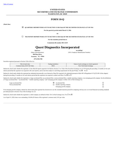 Thumbnail Quest Diagnostics
 Quarterly Report 2026-q1