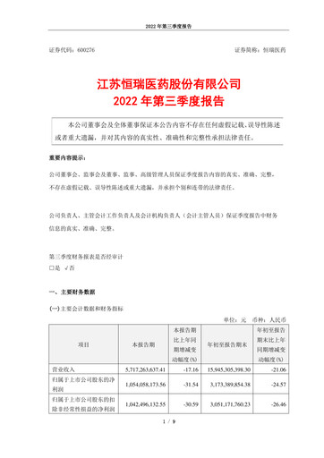 Thumbnail Jiangsu Hengrui Medicine
 Quarterly Report 2022-q3