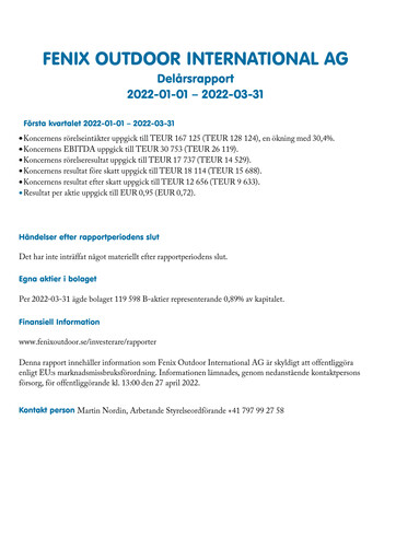 Thumbnail Fenix Outdoor Quarterly Report 2022-q1