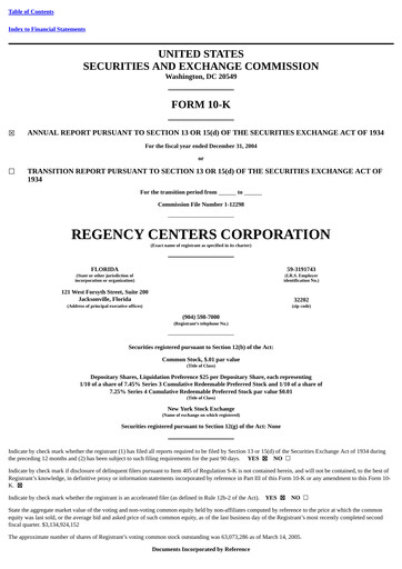 Thumbnail Regency Centers
 Annual Report 2004