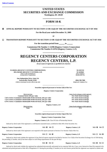Thumbnail Regency Centers
 Annual Report 2009