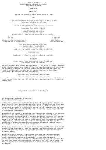 Miniature Regency Centers
 Rapport trimestriel 2001-q1