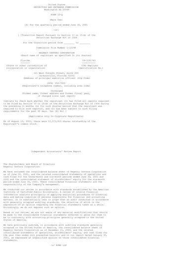 Miniature Regency Centers
 Rapport trimestriel 2001-q2