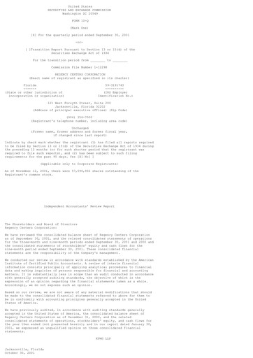 Miniature Regency Centers
 Rapport trimestriel 2001-q3