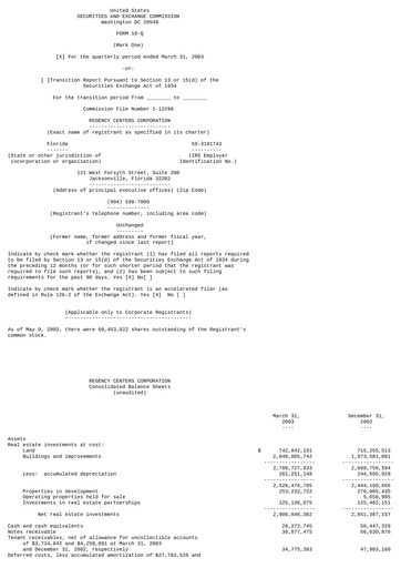 Miniature Regency Centers
 Rapport trimestriel 2003-q1