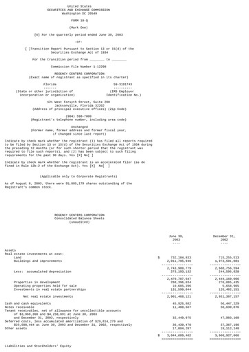 Miniature Regency Centers
 Rapport trimestriel 2003-q2
