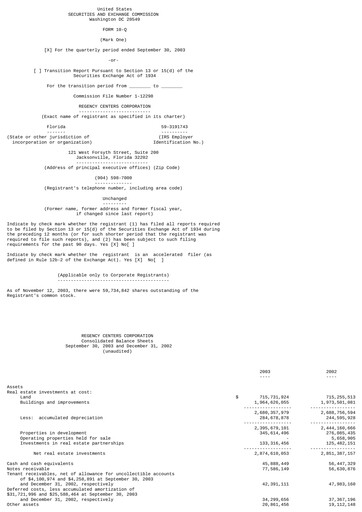 Miniature Regency Centers
 Rapport trimestriel 2003-q3