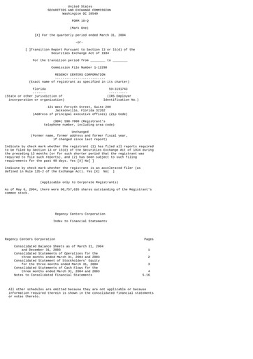 Miniature Regency Centers
 Rapport trimestriel 2004-q1