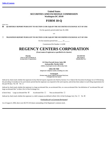 Miniature Regency Centers
 Rapport trimestriel 2006-q2