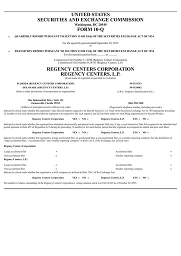 Miniature Regency Centers
 Rapport trimestriel 2015-q3