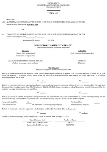 Thumbnail Regeneron Pharmaceuticals Quarterly Report 2014-q1