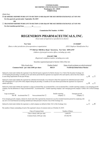 Thumbnail Regeneron Pharmaceuticals Quarterly Report 2019-q3