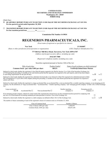 Thumbnail Regeneron Pharmaceuticals Quarterly Report 2020-q3