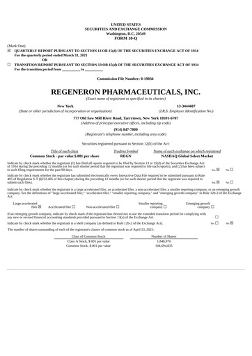 Thumbnail Regeneron Pharmaceuticals Quarterly Report 2021-q1