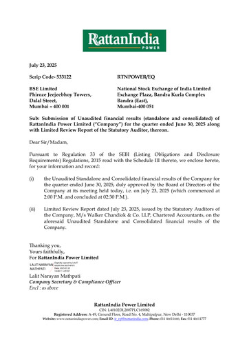 Thumbnail RattanIndia Power Quarterly Report 2025-q1