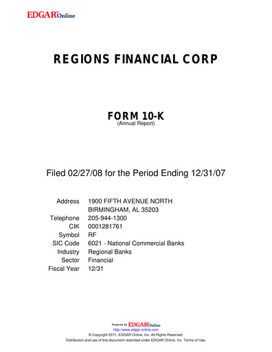 Thumbnail Regions Financial
 Annual Report 2007