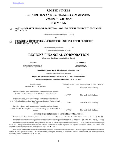 Thumbnail Regions Financial
 Annual Report 2019