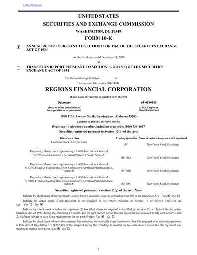 Thumbnail Regions Financial
 Annual Report 2020