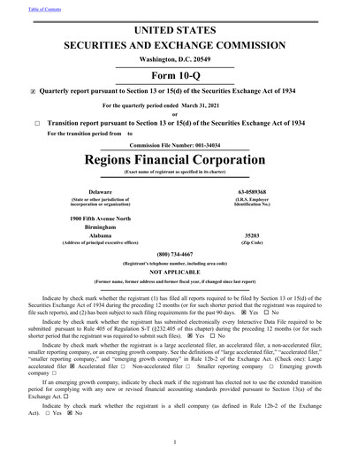 Thumbnail Regions Financial
 Quarterly Report 2021-q1