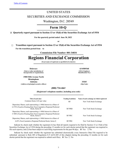 Thumbnail Regions Financial
 Quarterly Report 2022-q2
