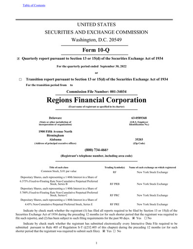 Thumbnail Regions Financial
 Quarterly Report 2022-q3
