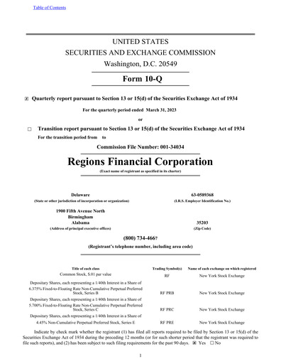 Thumbnail Regions Financial
 Quarterly Report 2023-q1