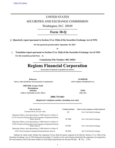 Thumbnail Regions Financial
 Quarterly Report 2023-q3