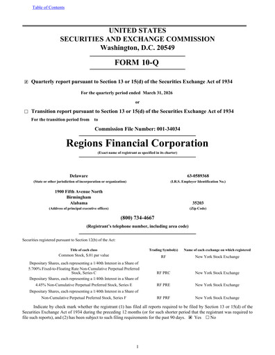 Thumbnail Regions Financial
 Quarterly Report 2026-q1