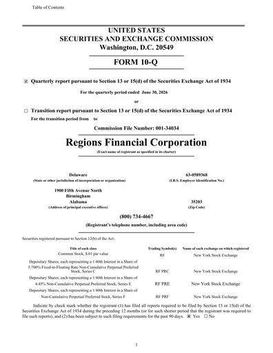 Thumbnail Regions Financial
 Quarterly Report 2026-q2