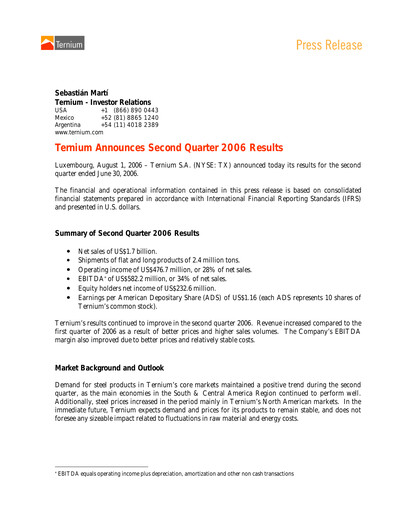 Thumbnail Ternium
 Quarterly Report 2006-q2